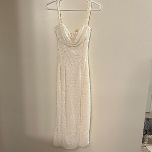 Oh Polly Cream Beaded Cowl Midi Dress